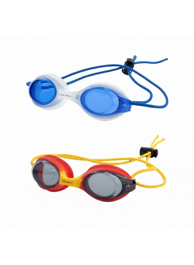 Bungee Racer Swim Goggles – 2-Pack featuring Blue/Clear and Yellow/Red color options.
